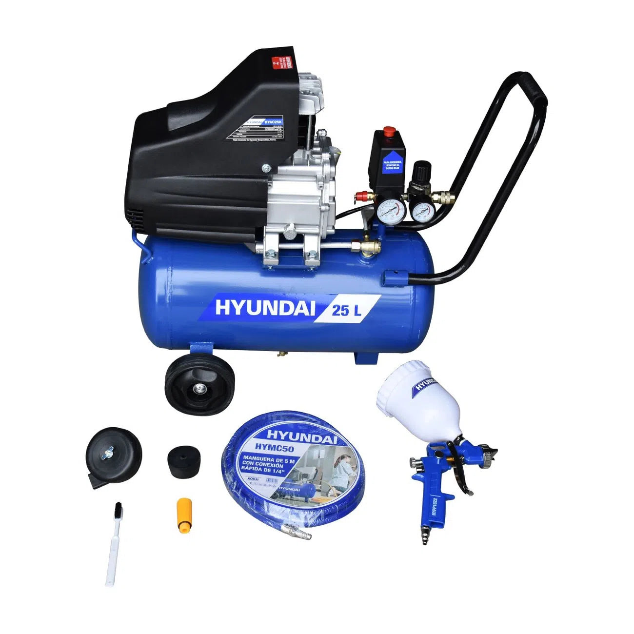 Kit Compresor De Aire Motor Electrico 2.5Hp 110V Capacidad De 25L Y Presion Maxima De 115Psi Con Pistola De Gravedad Y Manguera De 3m HYUNDAI HYAC25K