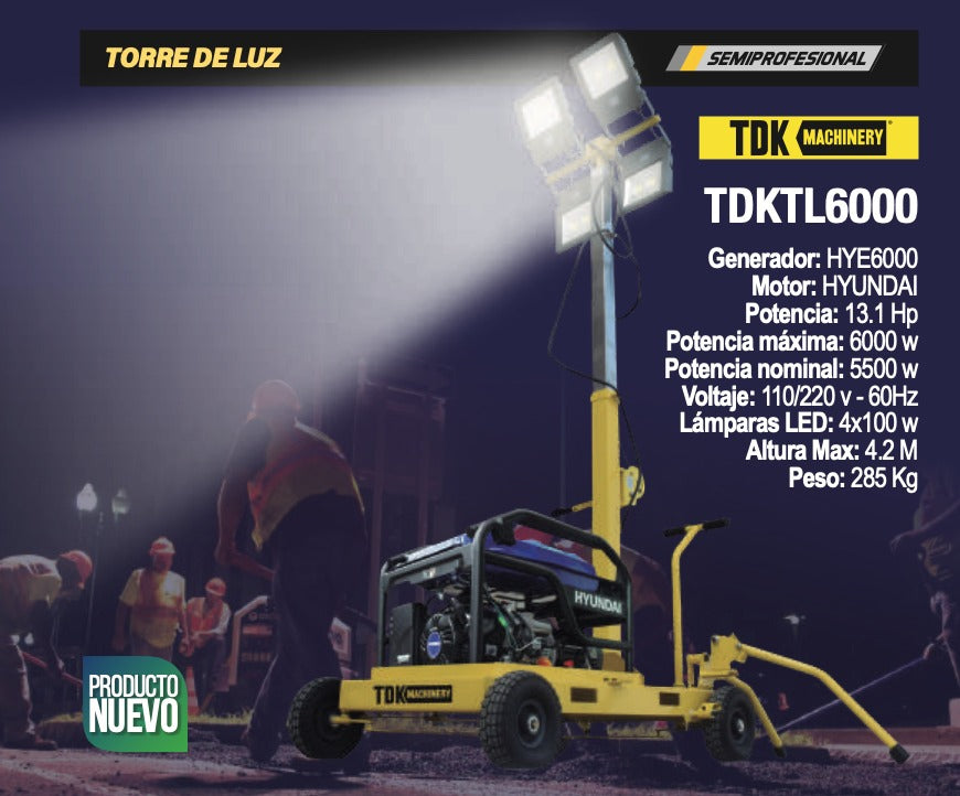 Torre De Luz TDK Con Generador Hyunda HYE6000 Y 4 Lamparas Led De 100W TDKTL6000
